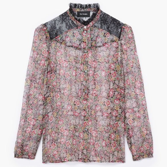 KOOPLES *gorgeous* Sheer Floral Blouse Silk Chiffon Lace Trim - Picture 2 of 14